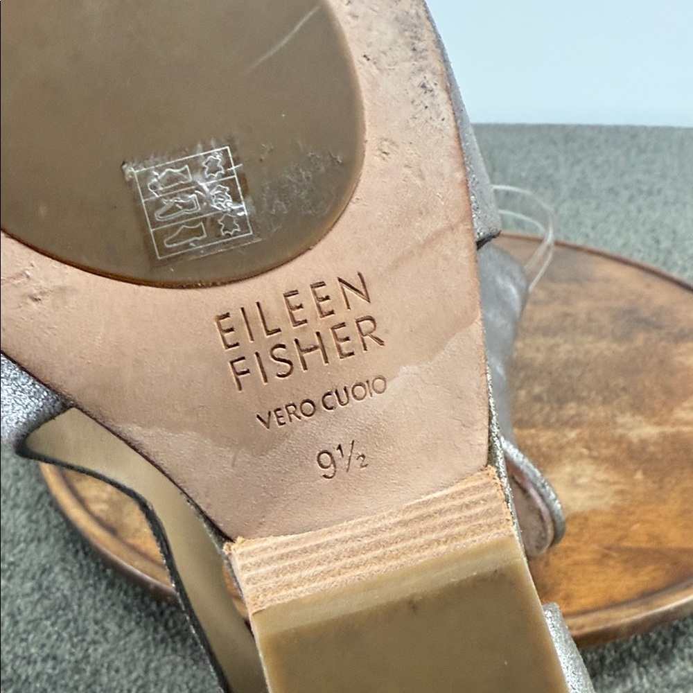 Eileen Fisher Sandals Wm 9.5 Iris Metallic Silver Leather Block Heel Pewter - Picture 10 of 14
